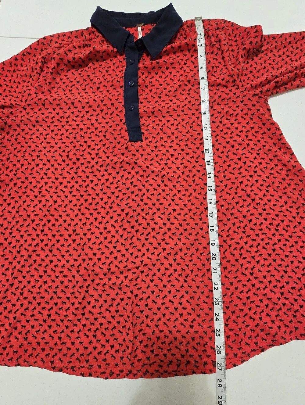 Free People Red Navy Equestrian Horse Print Oversized Blouse Shirt Womens Medium